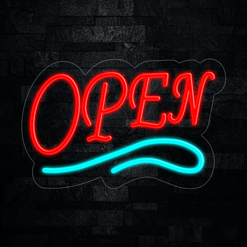 Open Red with Light Blue underline LED Flex Sign 22″ x 14″