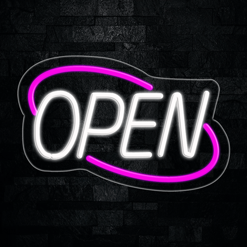 OPEN White circled in Purple LED Flex Sign 22″ x 14″